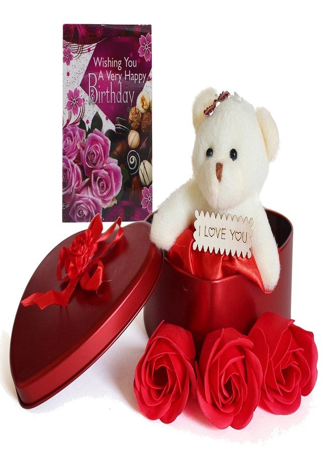 Natali Birthday Gift Combo for Love - Gift Box with 3Pcs Soap Roses Flowers, 1 Soft Toy & Pocket Size Birthday Greeting Card - Image 1
